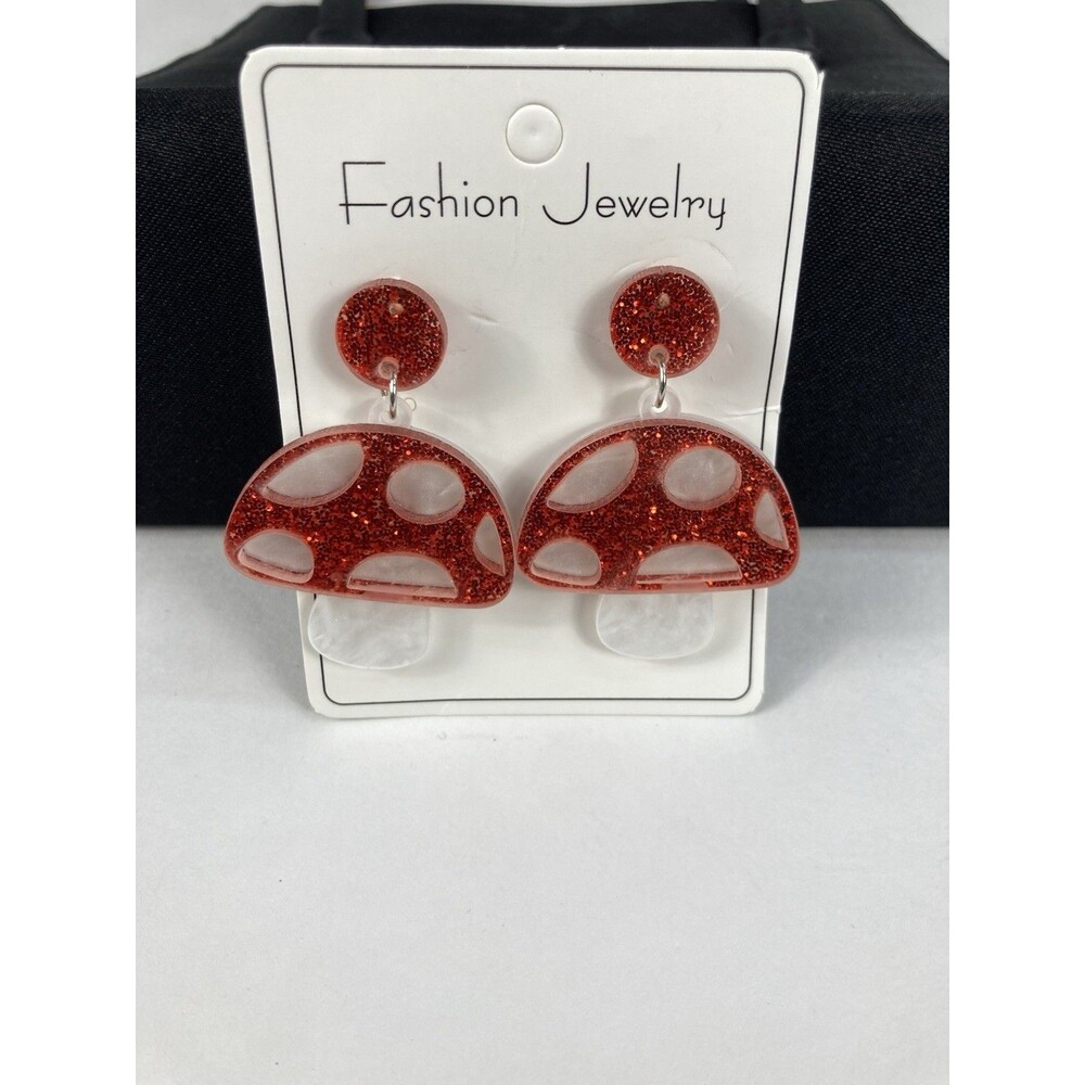 Mushroom Earrings Glittery Red White Dangle Whimsical Cottage Core Light Weight